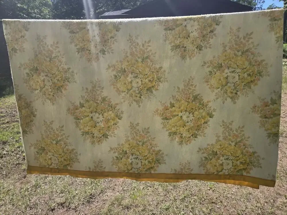 2 Vtg Floral Thermal Blankets Yellow Satin Trim 89x70 Twin Handmade 70s Groovy
